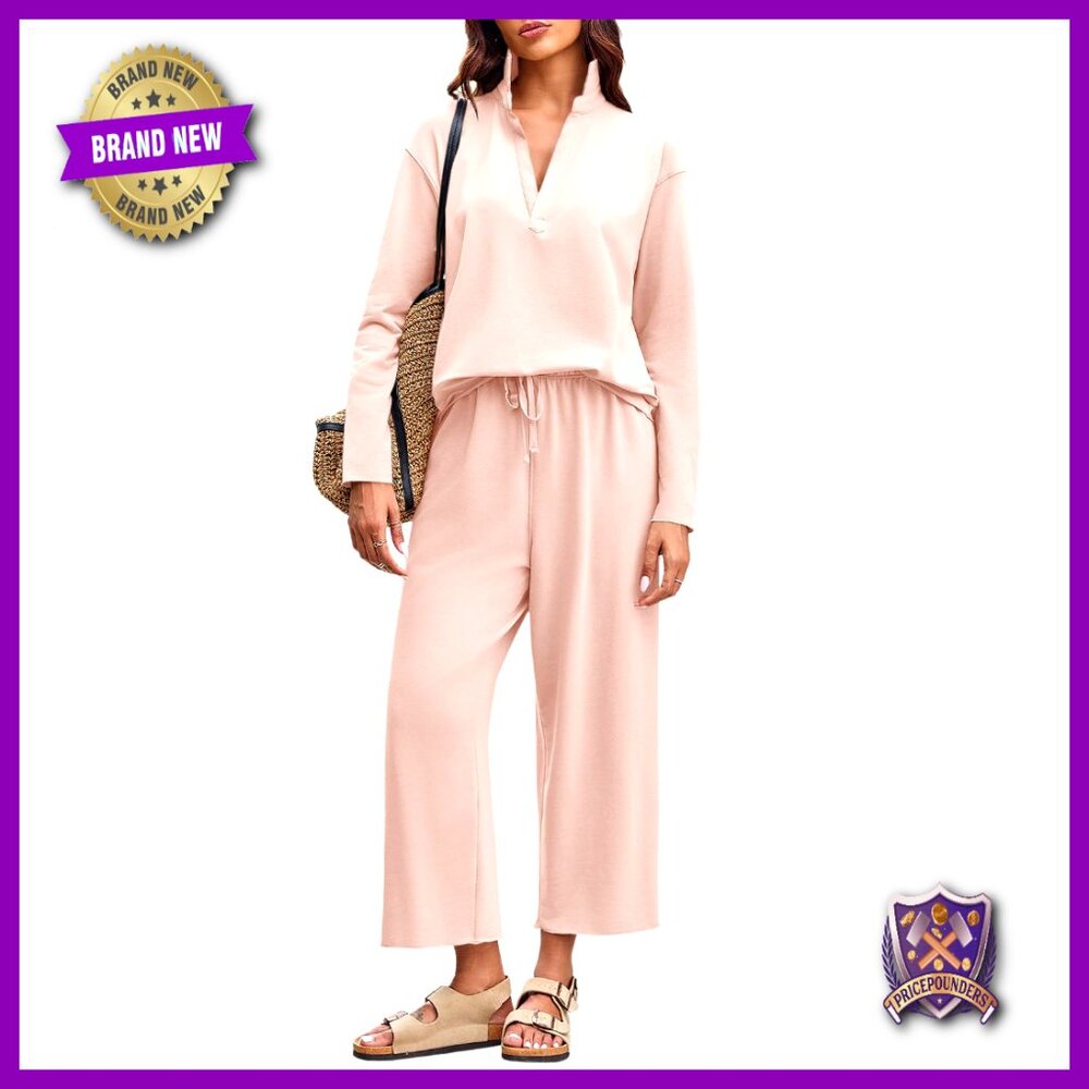 Women's Cotton Blend Tracksuit Set Long Sleeve V-Neck Top Wide Leg Pants